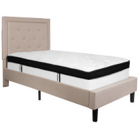 Flash Furniture SL-BMF-17-GG Roxbury Twin Size Tufted Upholstered Platform Bed in Beige Fabric with Memory Foam Mattress